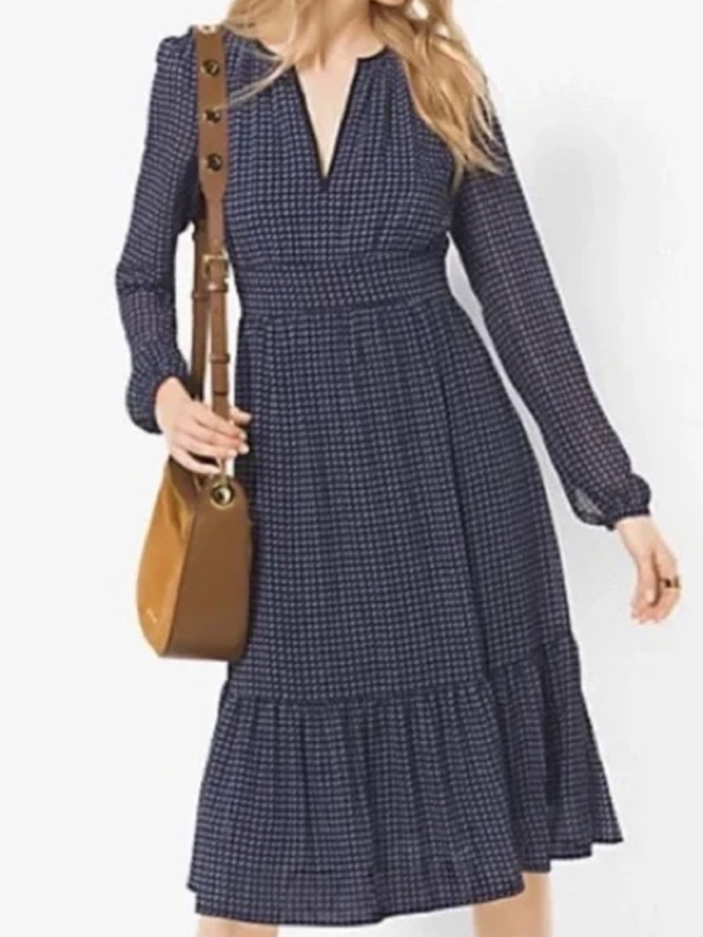 Michael Kors, Women’s Navy Ruffle hem Long-Sleeve Midi Dress